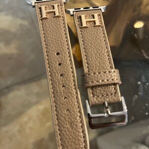 H Designer Apple Watch Band Beige Color  Leather